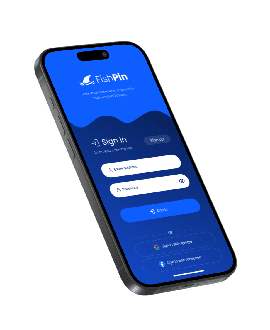 FishPin app mockup showing sign-in screens